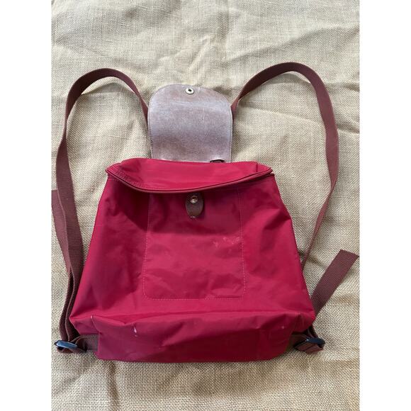 Longchamp Le Pliage Original Backpack Brown Red Nylon Leather Travel Bag Logo - Picture 3 of 15